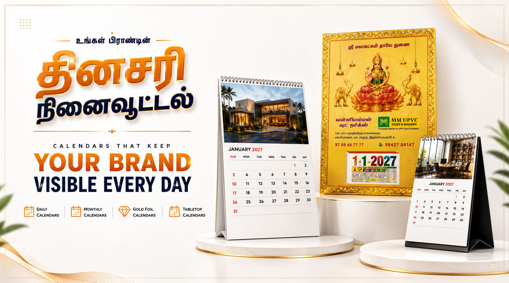 2027 calendars printed with your brand — daily, monthly, gold foil and tabletop